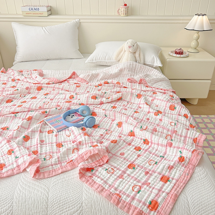 91家纺网 家纺一手货源 找家纺 萌飞 2025新款全棉纯棉六层纱布泡泡纱布毛巾被夏凉被空调被 粉草莓