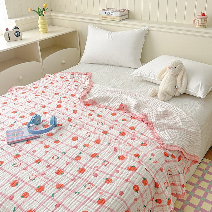 91家纺网 家纺一手货源 找家纺 萌飞 2025新款全棉纯棉六层纱布泡泡纱布毛巾被夏凉被空调被 粉草莓