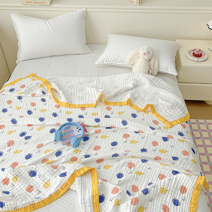 91家纺网 家纺一手货源 找家纺 萌飞 2025新款全棉纯棉六层纱布泡泡纱布毛巾被夏凉被空调被 果园飘香