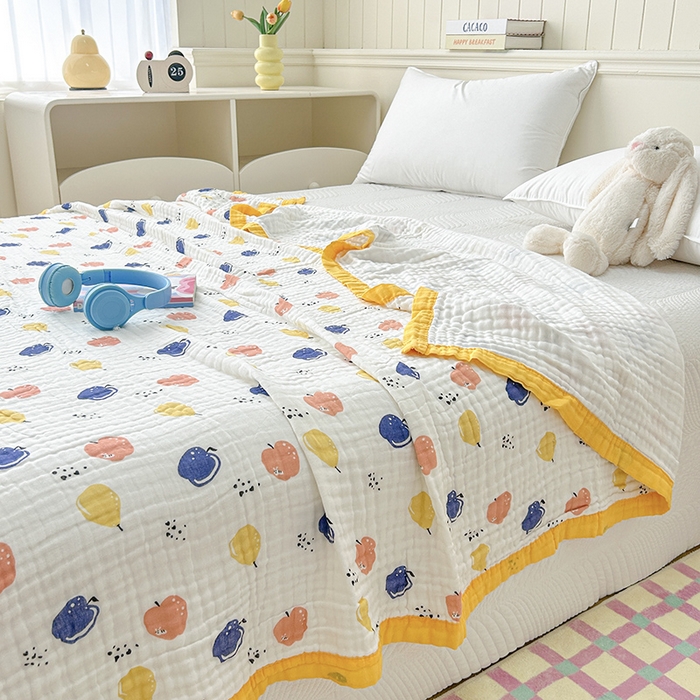 91家纺网 家纺一手货源 找家纺 萌飞 2025新款全棉纯棉六层纱布泡泡纱布毛巾被夏凉被空调被 果园飘香