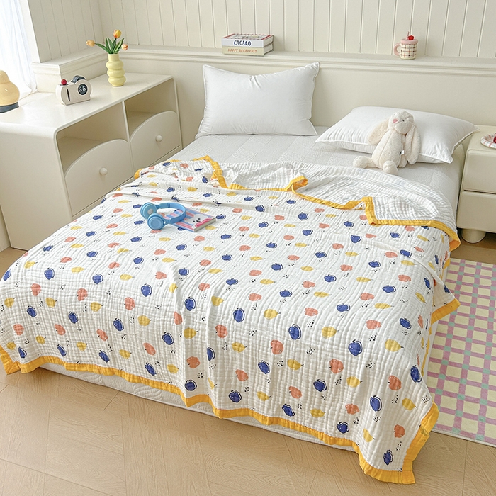 91家纺网 家纺一手货源 找家纺 萌飞 2025新款全棉纯棉六层纱布泡泡纱布毛巾被夏凉被空调被 果园飘香