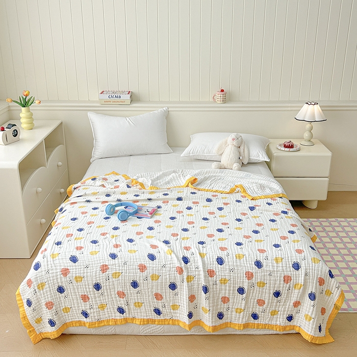 91家纺网 家纺一手货源 找家纺 萌飞 2025新款全棉纯棉六层纱布泡泡纱布毛巾被夏凉被空调被 果园飘香