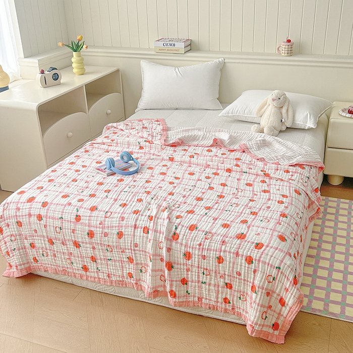 91家纺网 家纺一手货源 找家纺 萌飞 2025新款全棉纯棉六层纱布泡泡纱布毛巾被夏凉被空调被 粉草莓