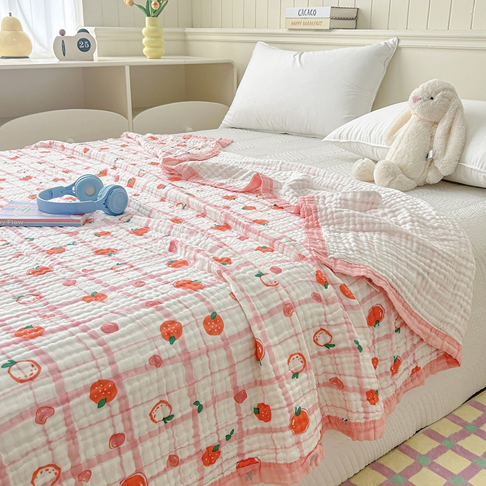 91家纺网 家纺一手货源 找家纺 萌飞 2025新款全棉纯棉六层纱布泡泡纱布毛巾被夏凉被空调被 粉草莓