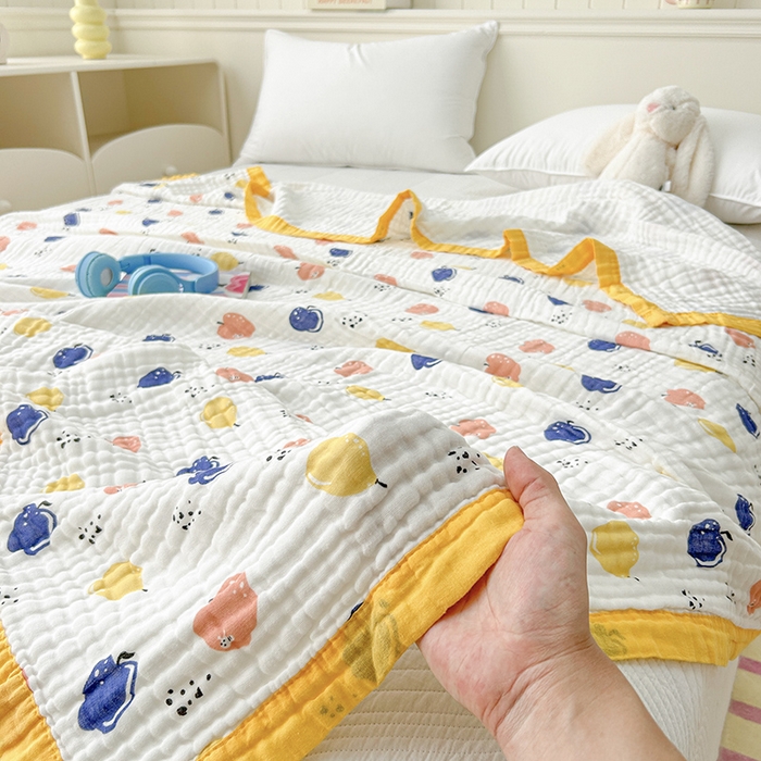 91家纺网 家纺一手货源 找家纺 萌飞 2025新款全棉纯棉六层纱布泡泡纱布毛巾被夏凉被空调被 果园飘香