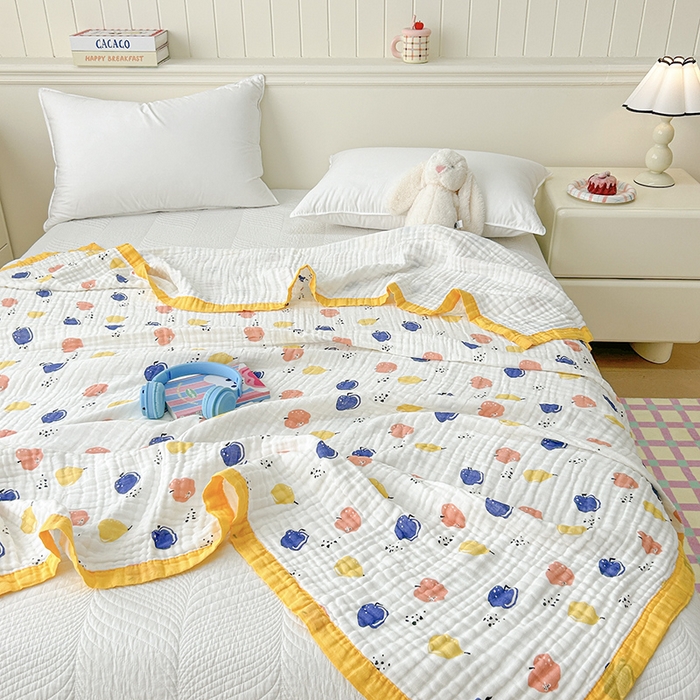 91家纺网 家纺一手货源 找家纺 萌飞 2025新款全棉纯棉六层纱布泡泡纱布毛巾被夏凉被空调被 果园飘香