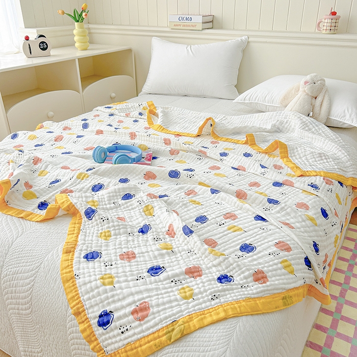 91家纺网 家纺一手货源 找家纺 萌飞 2025新款全棉纯棉六层纱布泡泡纱布毛巾被夏凉被空调被 果园飘香