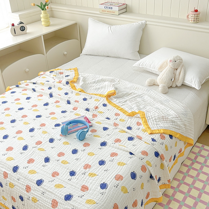 91家纺网 家纺一手货源 找家纺 萌飞 2025新款全棉纯棉六层纱布泡泡纱布毛巾被夏凉被空调被 果园飘香