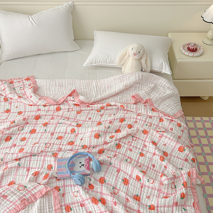 91家纺网 家纺一手货源 找家纺 萌飞 2025新款全棉纯棉六层纱布泡泡纱布毛巾被夏凉被空调被 粉草莓