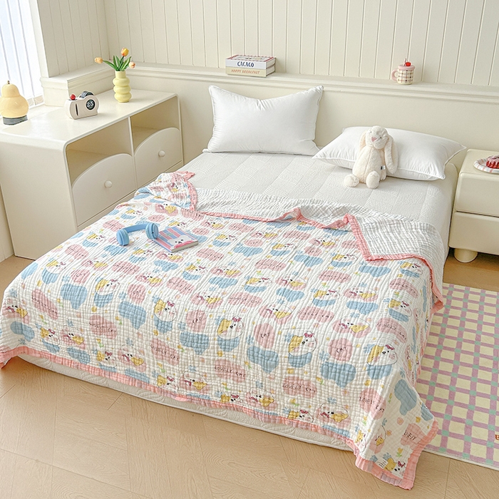 91家纺网 家纺一手货源 找家纺 萌飞 2025新款全棉纯棉六层纱布泡泡纱布毛巾被夏凉被空调被 甜心猫趣