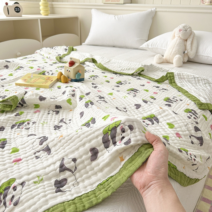91家纺网 家纺一手货源 找家纺 萌飞 2025新款全棉纯棉六层纱布泡泡纱布毛巾被夏凉被空调被 熊猫