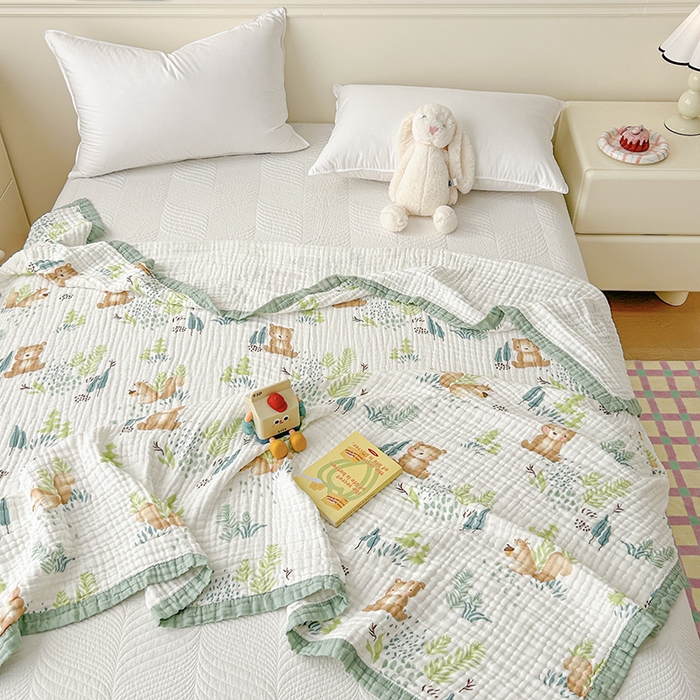 91家纺网 家纺一手货源 找家纺 萌飞 2025新款全棉纯棉六层纱布泡泡纱布毛巾被夏凉被空调被 萌熊乐园