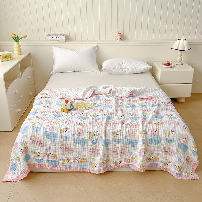 91家纺网 家纺一手货源 找家纺 萌飞 2025新款全棉纯棉六层纱布泡泡纱布毛巾被夏凉被空调被 甜心猫趣