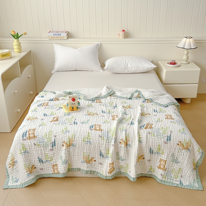 91家纺网 家纺一手货源 找家纺 萌飞 2025新款全棉纯棉六层纱布泡泡纱布毛巾被夏凉被空调被 萌熊乐园