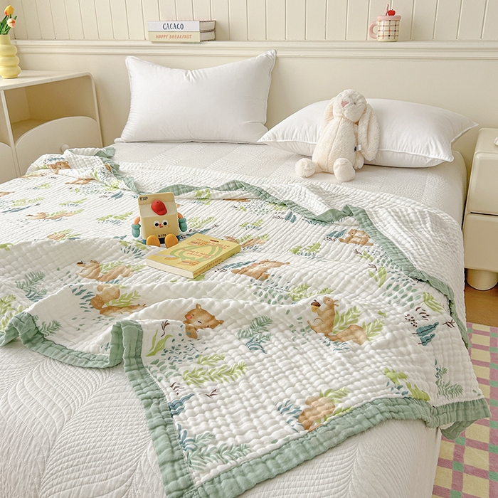 91家纺网 家纺一手货源 找家纺 萌飞 2025新款全棉纯棉六层纱布泡泡纱布毛巾被夏凉被空调被 萌熊乐园