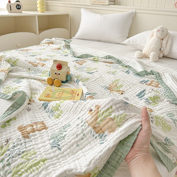 91家纺网 家纺一手货源 找家纺 萌飞 2025新款全棉纯棉六层纱布泡泡纱布毛巾被夏凉被空调被 萌熊乐园