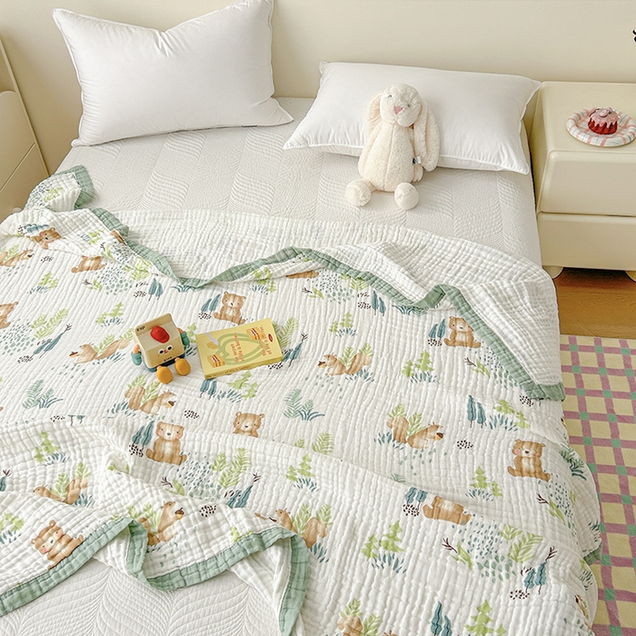 91家纺网 家纺一手货源 找家纺 萌飞 2025新款全棉纯棉六层纱布泡泡纱布毛巾被夏凉被空调被 萌熊乐园