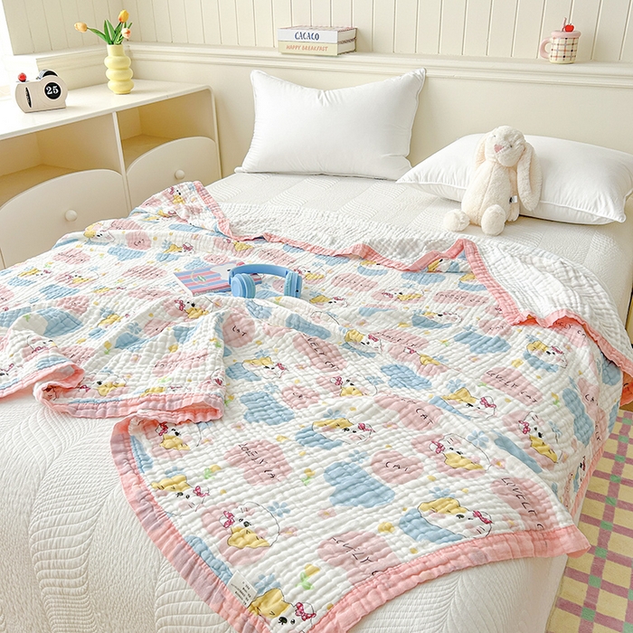 91家纺网 家纺一手货源 找家纺 萌飞 2025新款全棉纯棉六层纱布泡泡纱布毛巾被夏凉被空调被 甜心猫趣