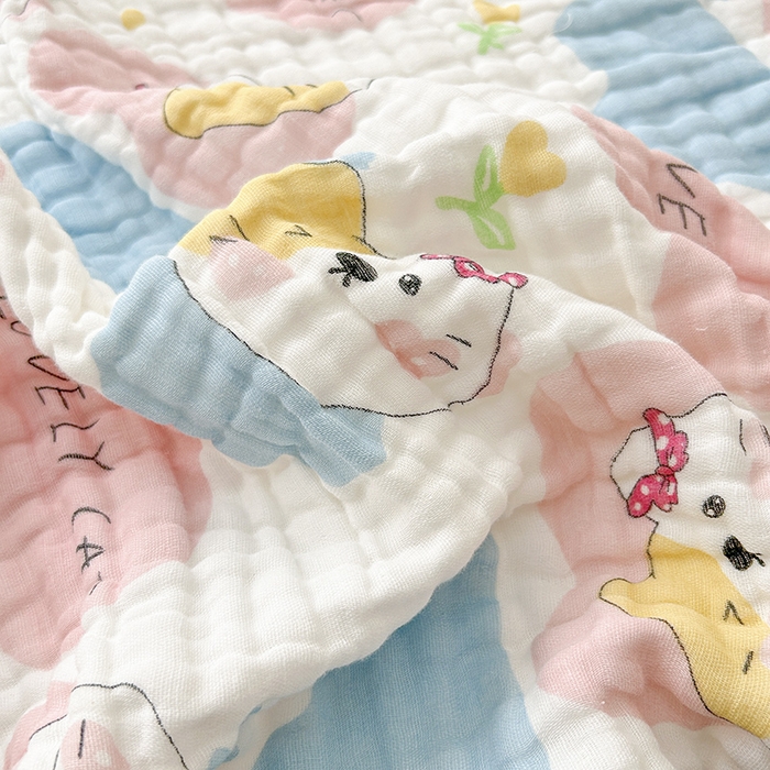 91家纺网 家纺一手货源 找家纺 萌飞 2025新款全棉纯棉六层纱布泡泡纱布毛巾被夏凉被空调被 甜心猫趣