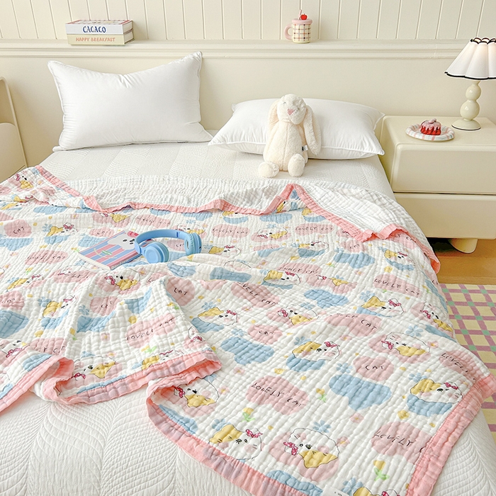 91家纺网 家纺一手货源 找家纺 萌飞 2025新款全棉纯棉六层纱布泡泡纱布毛巾被夏凉被空调被 甜心猫趣