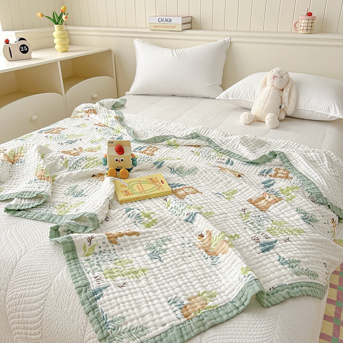 91家纺网 家纺一手货源 找家纺 萌飞 2025新款全棉纯棉六层纱布泡泡纱布毛巾被夏凉被空调被 萌熊乐园