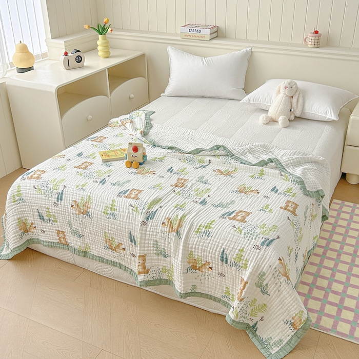 91家纺网 家纺一手货源 找家纺 萌飞 2025新款全棉纯棉六层纱布泡泡纱布毛巾被夏凉被空调被 萌熊乐园