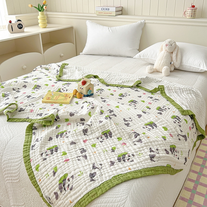 91家纺网 家纺一手货源 找家纺 萌飞 2025新款全棉纯棉六层纱布泡泡纱布毛巾被夏凉被空调被 熊猫