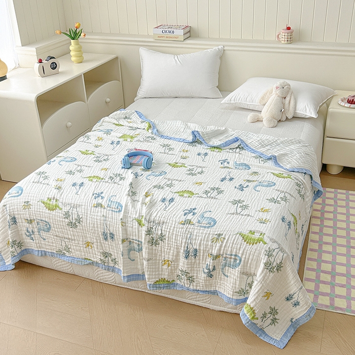 91家纺网 家纺一手货源 找家纺 萌飞 2025新款全棉纯棉六层纱布泡泡纱布毛巾被夏凉被空调被 恐龙乐园