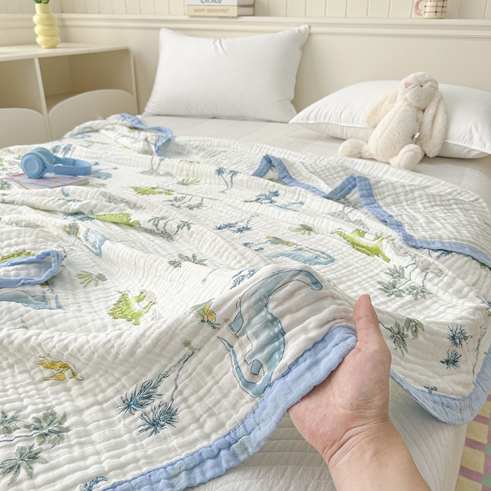 91家纺网 家纺一手货源 找家纺 萌飞 2025新款全棉纯棉六层纱布泡泡纱布毛巾被夏凉被空调被 恐龙乐园