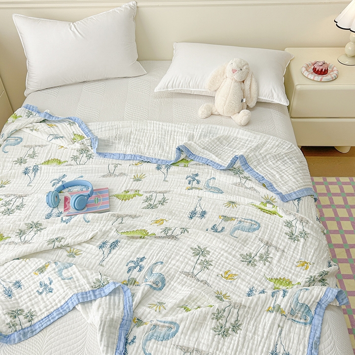 91家纺网 家纺一手货源 找家纺 萌飞 2025新款全棉纯棉六层纱布泡泡纱布毛巾被夏凉被空调被 恐龙乐园