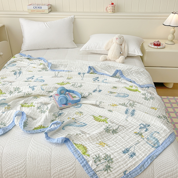 91家纺网 家纺一手货源 找家纺 萌飞 2025新款全棉纯棉六层纱布泡泡纱布毛巾被夏凉被空调被 恐龙乐园