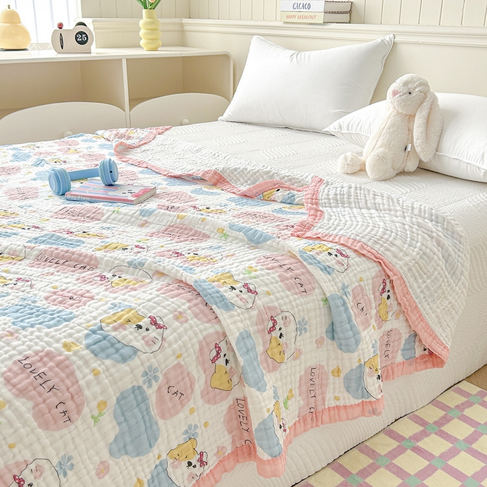 91家纺网 家纺一手货源 找家纺 萌飞 2025新款全棉纯棉六层纱布泡泡纱布毛巾被夏凉被空调被 甜心猫趣