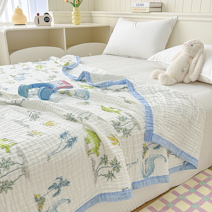 91家纺网 家纺一手货源 找家纺 萌飞 2025新款全棉纯棉六层纱布泡泡纱布毛巾被夏凉被空调被 恐龙乐园