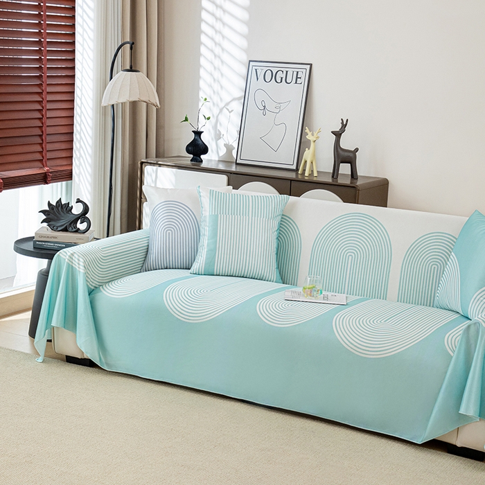 91家纺网 家纺一手货源 找家纺 沐沐家纺 2026新款冰丝印花茂林修竹拱门沙发巾 拱门沙发巾-薄荷绿