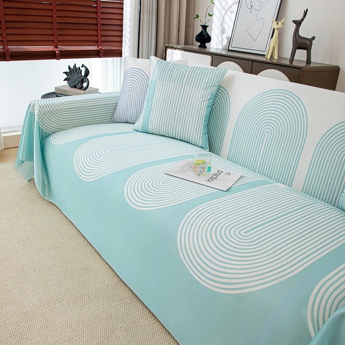 91家纺网 家纺一手货源 找家纺 沐沐家纺 2026新款冰丝印花茂林修竹拱门沙发巾 拱门沙发巾-薄荷绿