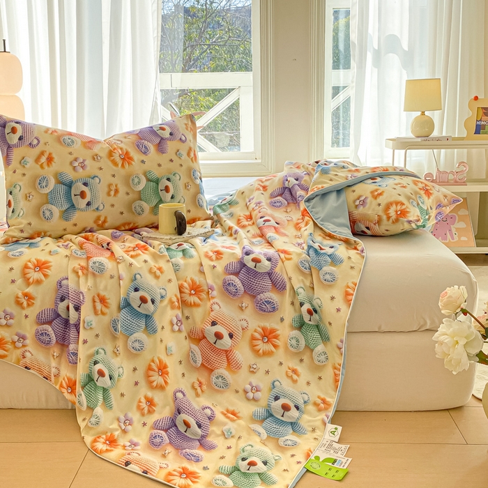 91家纺网 家纺一手货源 找家纺 萌飞 2025新款冷暖双感夏被夏凉被空调被 毛线小熊