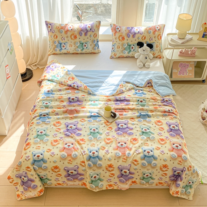 91家纺网 家纺一手货源 找家纺 萌飞 2025新款冷暖双感夏被夏凉被空调被 毛线小熊