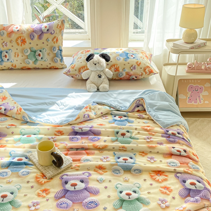 91家纺网 家纺一手货源 找家纺 萌飞 2025新款冷暖双感夏被夏凉被空调被 毛线小熊