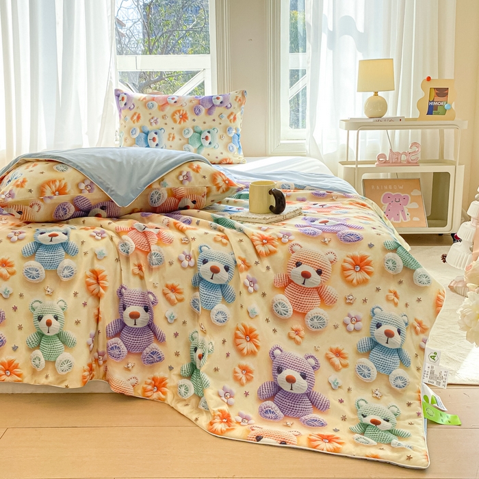 91家纺网 家纺一手货源 找家纺 萌飞 2025新款冷暖双感夏被夏凉被空调被 毛线小熊