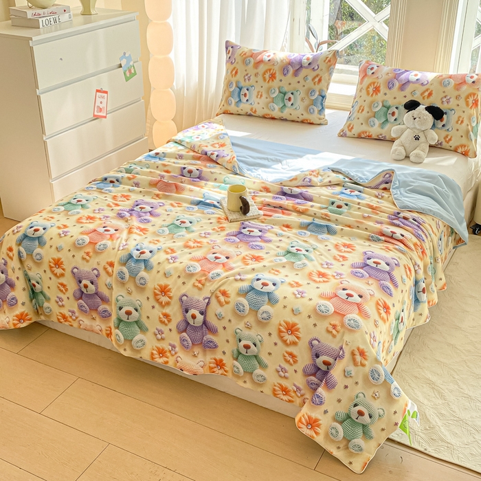 91家纺网 家纺一手货源 找家纺 萌飞 2025新款冷暖双感夏被夏凉被空调被 毛线小熊