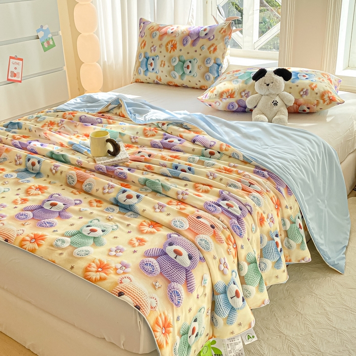 91家纺网 家纺一手货源 找家纺 萌飞 2025新款冷暖双感夏被夏凉被空调被 毛线小熊