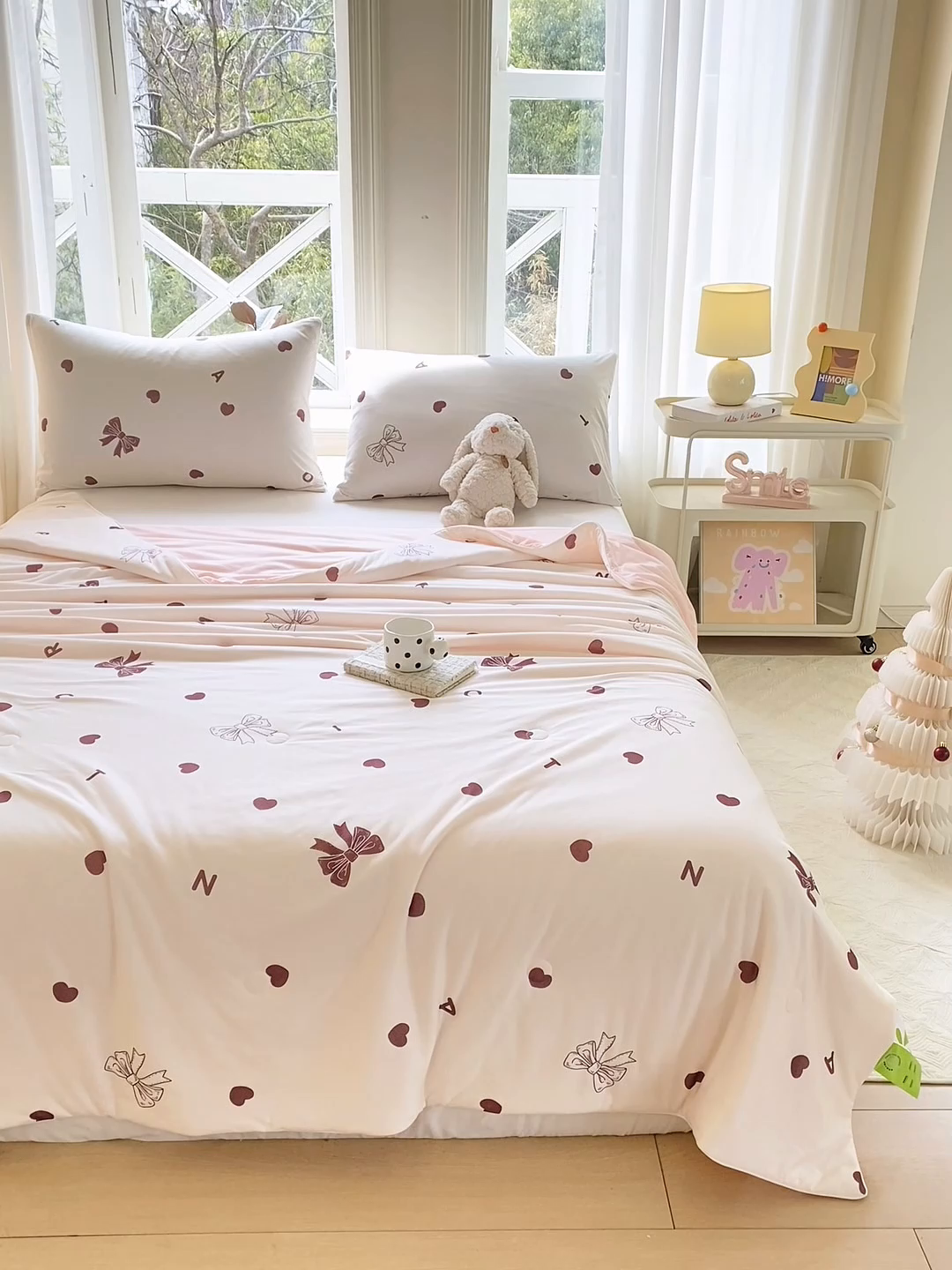 91家纺网 家纺一手货源 找家纺 萌飞 2025新款冷暖双感夏被夏凉被空调被 爱心蝴蝶结