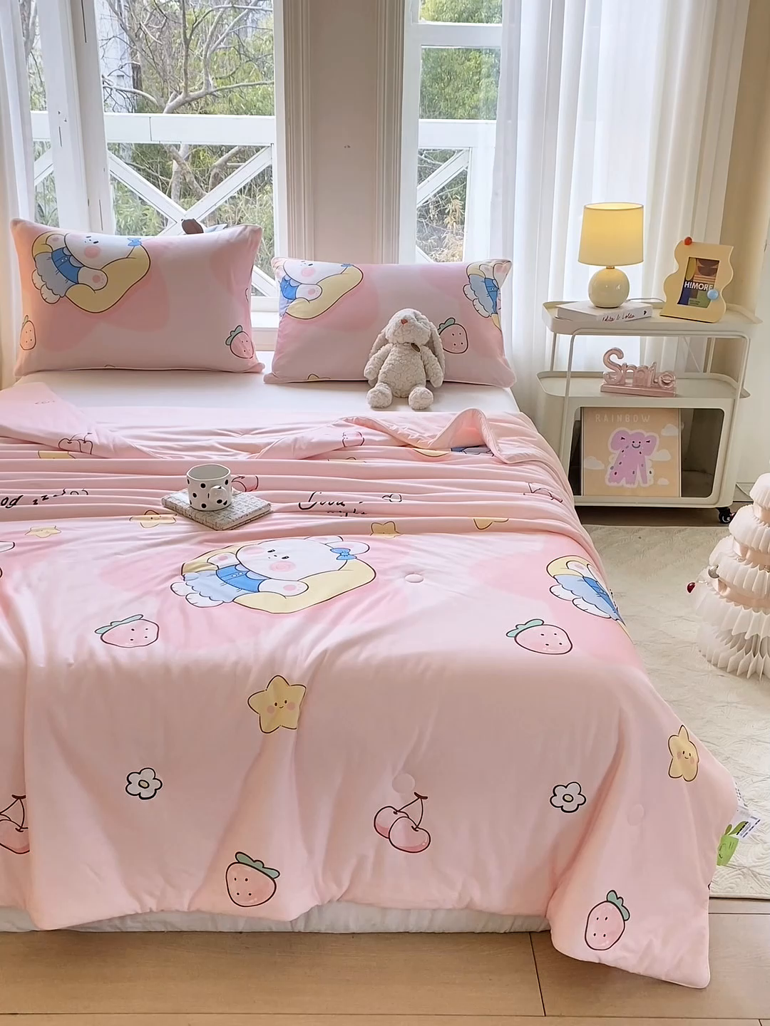 91家纺网 家纺一手货源 找家纺 萌飞 2025新款冷暖双感夏被夏凉被空调被 晚安小兔