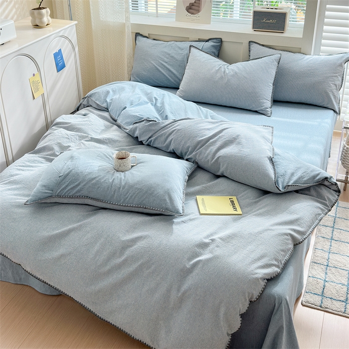 91家纺网 家纺一手货源 找家纺 晚依家纺 2025新款A类全棉色织水洗棉被套单件格子条纹四件套学生宿舍被罩三件套定制定做 时光-浅蓝