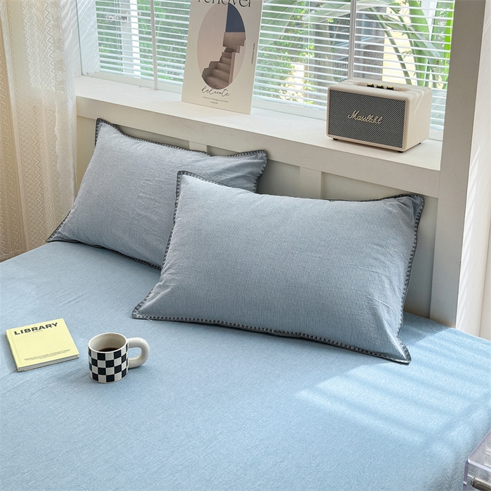 91家纺网 家纺一手货源 找家纺 晚依家纺 2025新款A类全棉色织水洗棉被套单件格子条纹四件套学生宿舍被罩三件套定制定做 时光-浅蓝