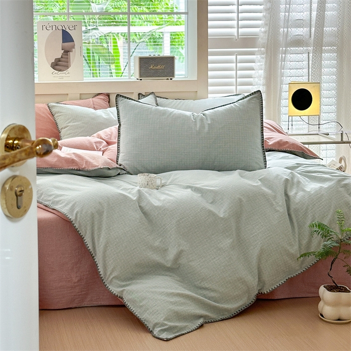 91家纺网 家纺一手货源 找家纺 晚依家纺 2025新款A类全棉色织水洗棉被套单件格子条纹四件套学生宿舍被罩三件套定制定做 星语-绿豆沙