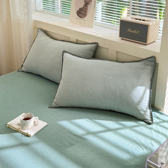 91家纺网 家纺一手货源 找家纺 晚依家纺 2025新款A类全棉色织水洗棉被套单件格子条纹四件套学生宿舍被罩三件套定制定做 遇见-草绿