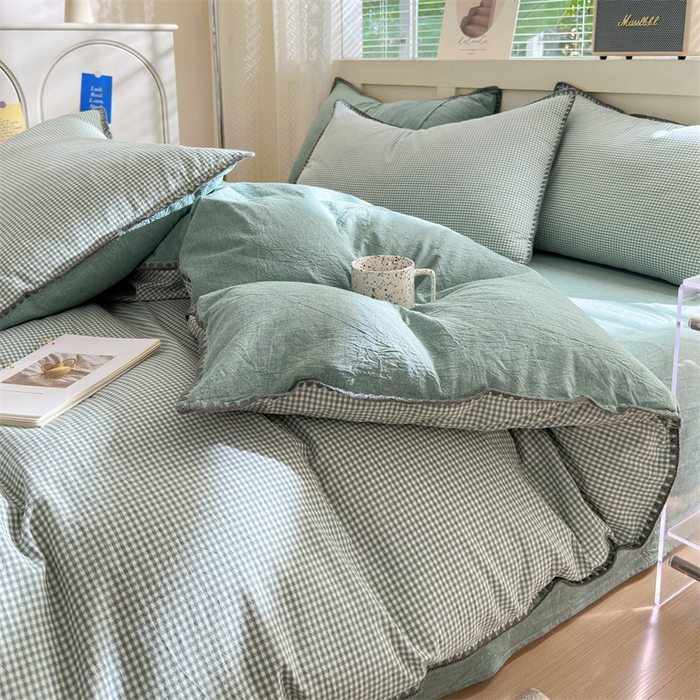 91家纺网 家纺一手货源 找家纺 晚依家纺 2025新款A类全棉色织水洗棉被套单件格子条纹四件套学生宿舍被罩三件套定制定做 遇见-草绿