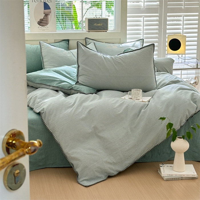 91家纺网 家纺一手货源 找家纺 晚依家纺 2025新款A类全棉色织水洗棉被套单件格子条纹四件套学生宿舍被罩三件套定制定做 遇见-草绿