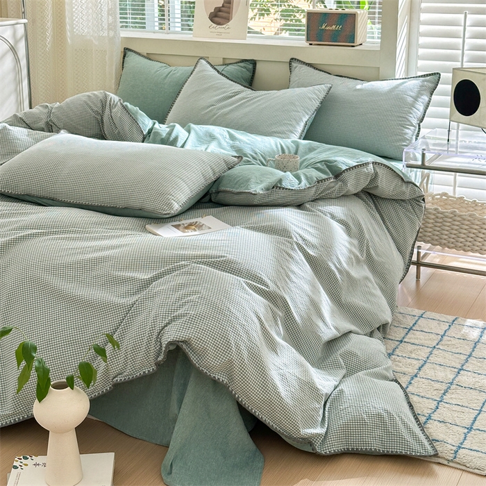 91家纺网 家纺一手货源 找家纺 晚依家纺 2025新款A类全棉色织水洗棉被套单件格子条纹四件套学生宿舍被罩三件套定制定做 遇见-草绿